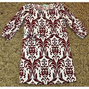 Filly Flair Dress Womens‎ Small Burgundy White Geometric AOP Shift Tie Waist